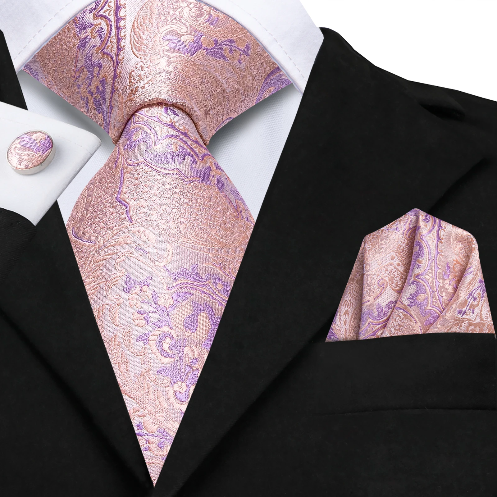 

Hi-Tie Pink Purple Floral Men Elegant Necktie Handkerchief Cufflinks for Tuxedo Fashion Classic Novelty Silk Luxury Tie for Man