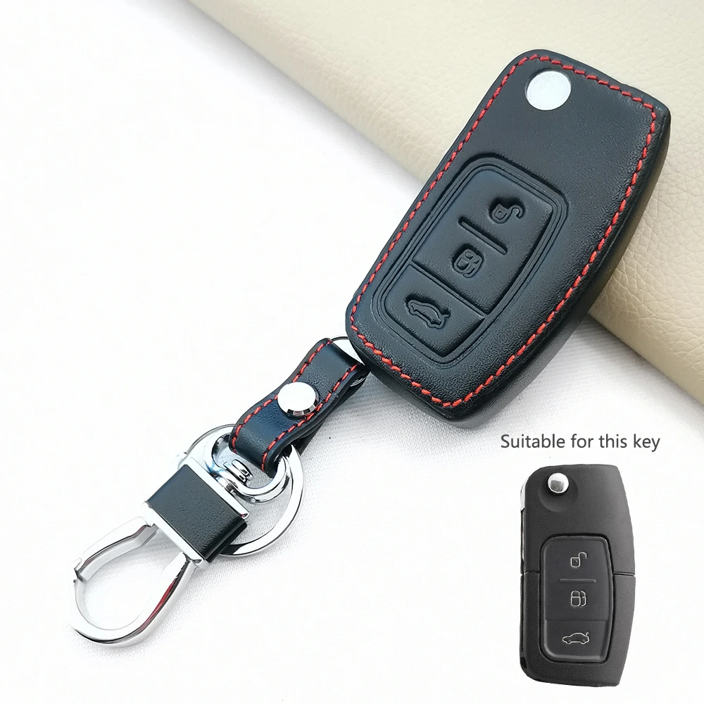 Leather Car Key Chain Ring Cover Case Holder For Ford Focus 2 3 4 MK2 MK3 MK4 Kuga Edge Mondeo Fusion Ecosport Fiesta