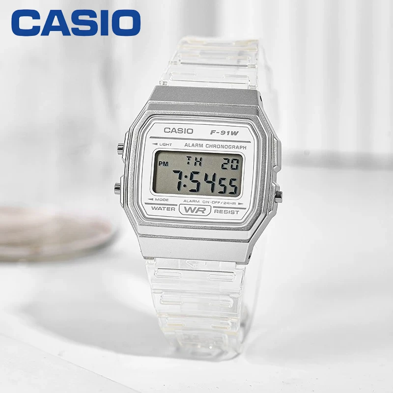 Reloj Digital Cuadrado Transparente Kawaii Casio F-91WS, Multifunción, Cronómetro, Alarma, Sonido Horario, Reloj para Estudiantes y Adolescentes