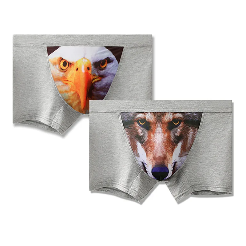 1 PCS Men\'s Unique 3D Printed Wolf Eagle Head Flat Angle Pants Mid-waist Boxer Shorts Breathable Knitted Soft Comfortable Modal