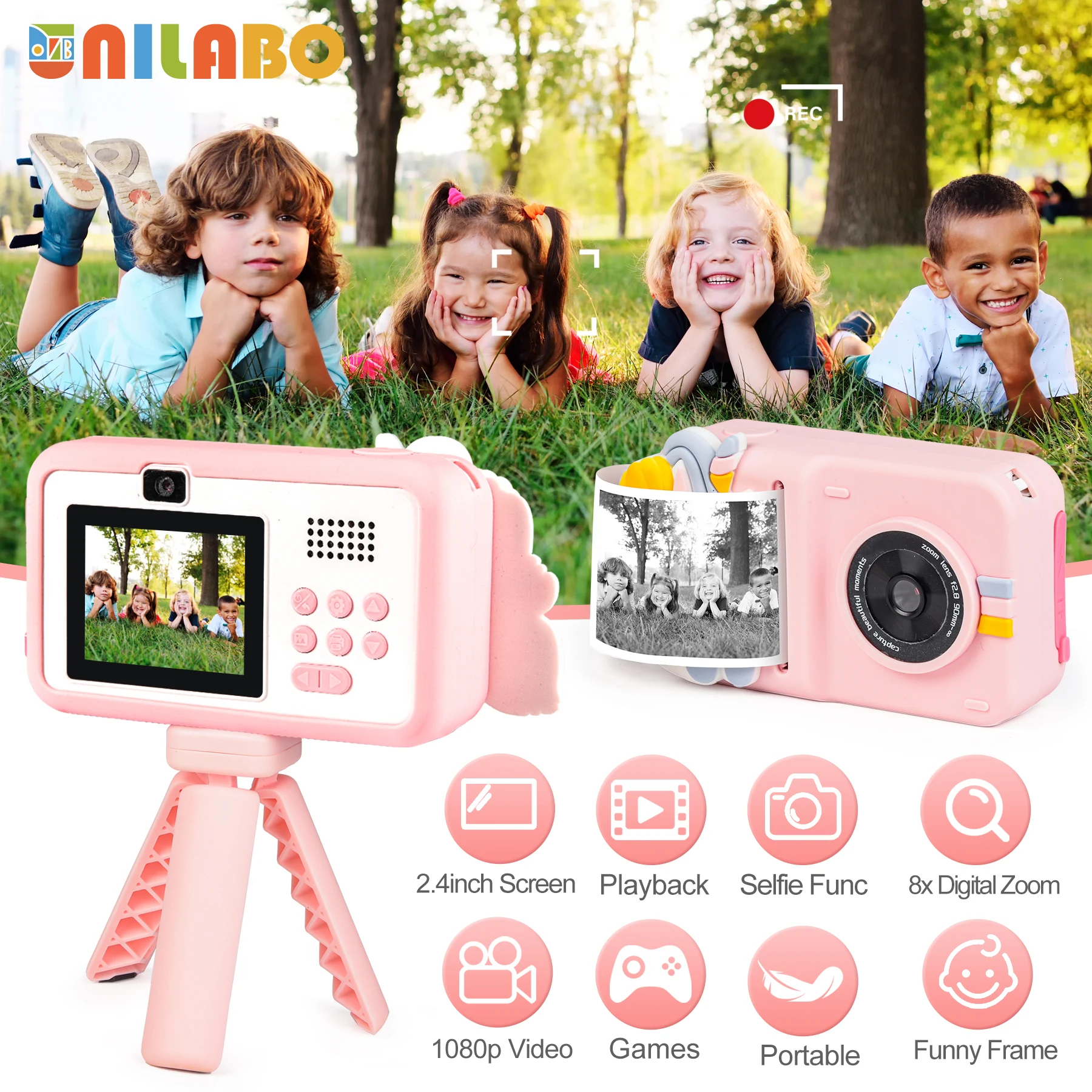 Unilabo instant printcamera voor kinderen, dual-lens selfie 1080P video, draagbaar speelgoedcadeau voor kinderen van 3 tot 12 jaar met 3 rollen papier en 32G-kaart
