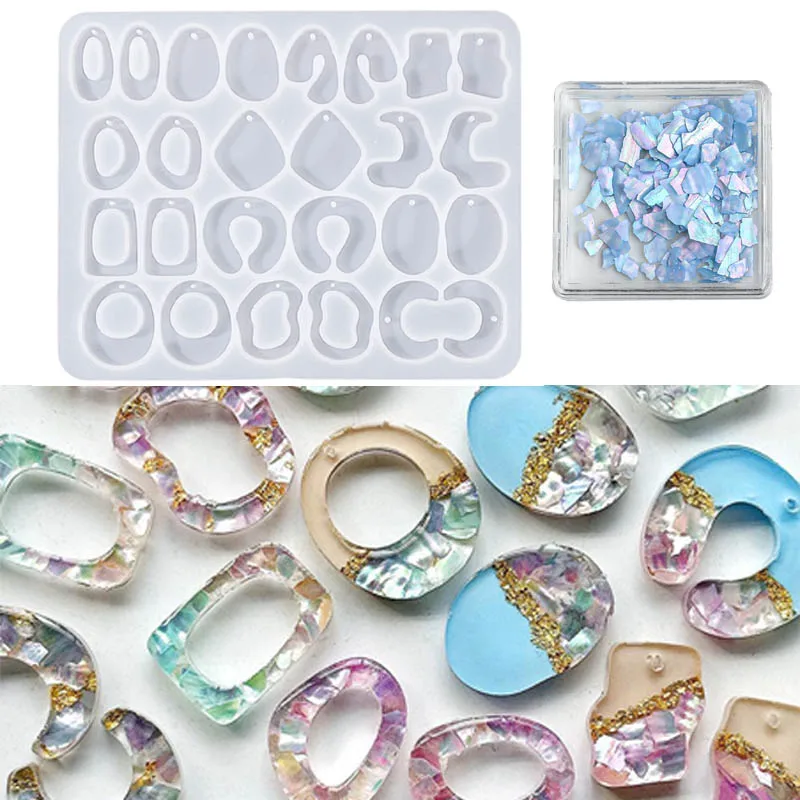 Molde de silicona para pendientes colgantes abstractos de vacaciones de verano con escamas de concha de abulón brillantes para resina epoxi, para hacer joyería de playa DIY
