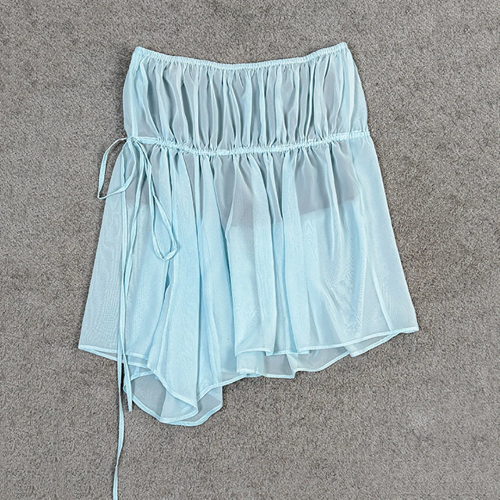 Women Chiffon Mini Skirt High Waist Elastic Gathered Drawstring Irregular Hem Flowy A Line Short Skirt Beach Vacation Skirt