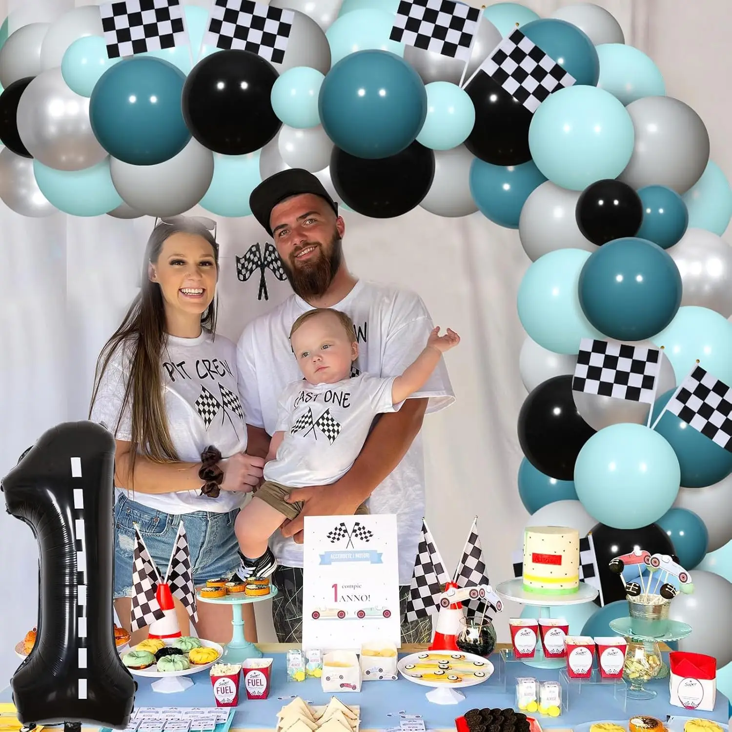 Race Car Backdrop with Balloon Garland Kit, First Trip Supplies, First Birthday Party Decorations, Boys, First Trip, Fast One