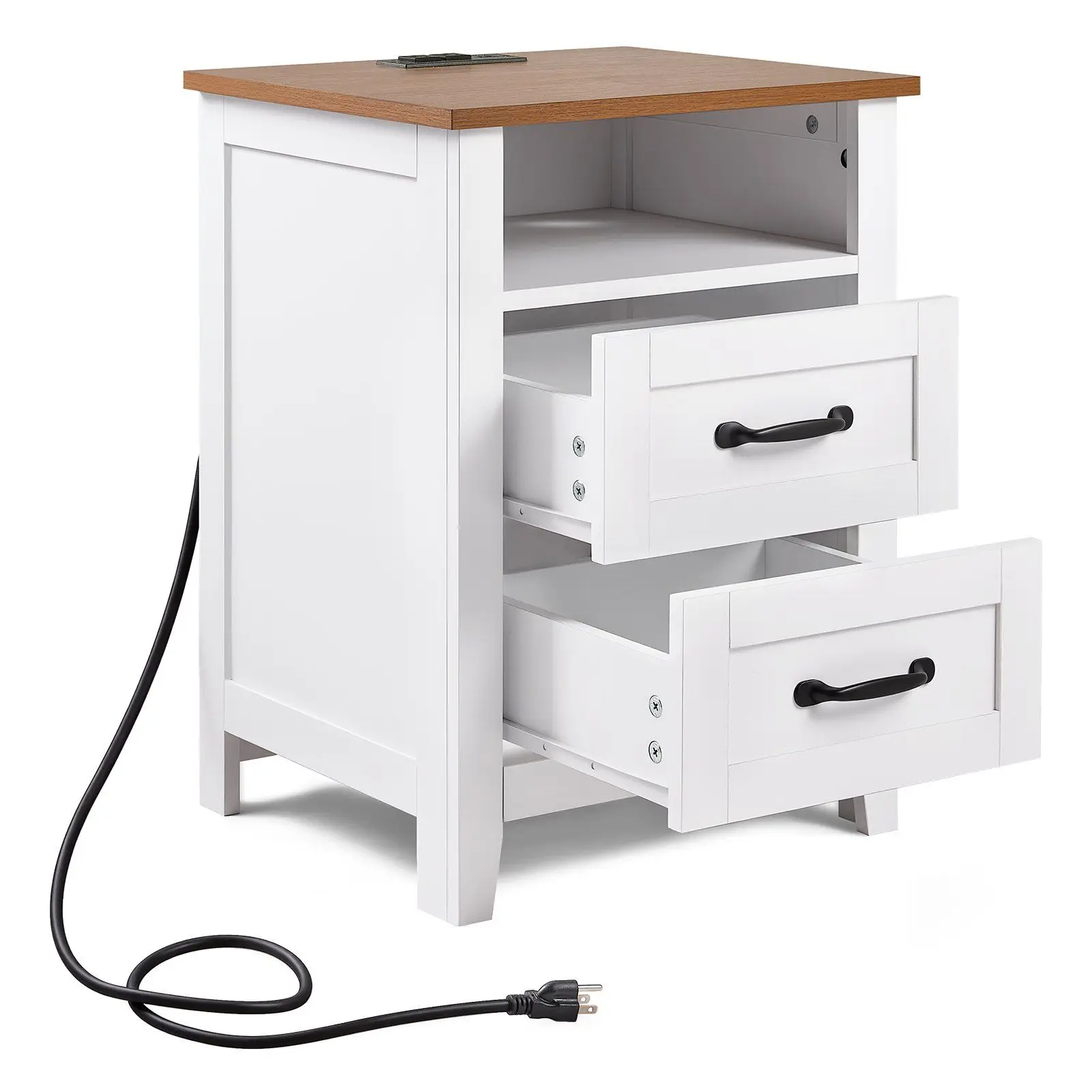 

Farmhouse Nightstand, with Charging Station, End Table with 2 Drawers and Open Shelf, Bedside Storage Cabinet, Rustic Side