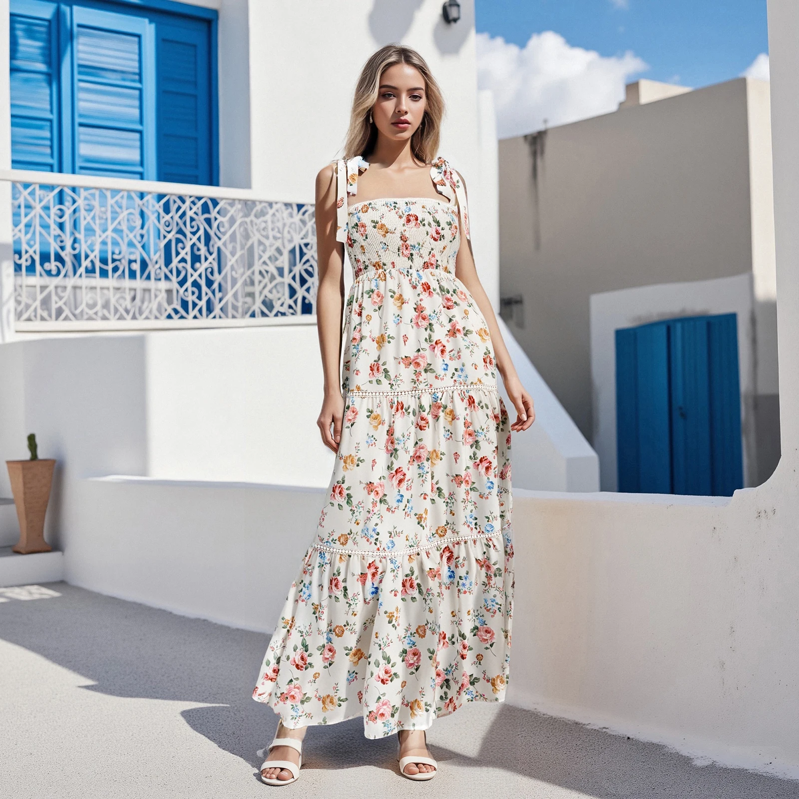 Nowa damska letnia sukienka bez rękawów Casual Tie Up Straps Floral Print A-Line Party Dress For Vacation Cocktail Streetwear S M L