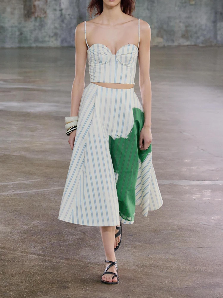 

European and American style summer new products women's clothing striped corset top mid-waist printed skirt suit