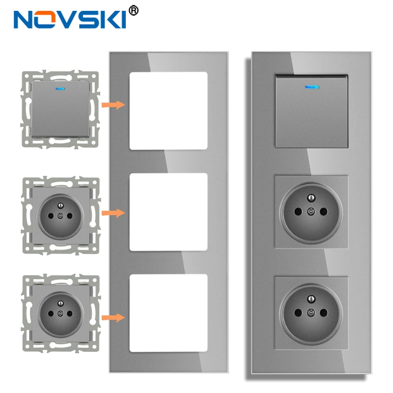 Novski Interruptor de luz de panel de vidrio templado, enchufe de pared europeo y francés, USB, TV, RJ45, RJ11, módulo de interruptor de sensor DIY gris