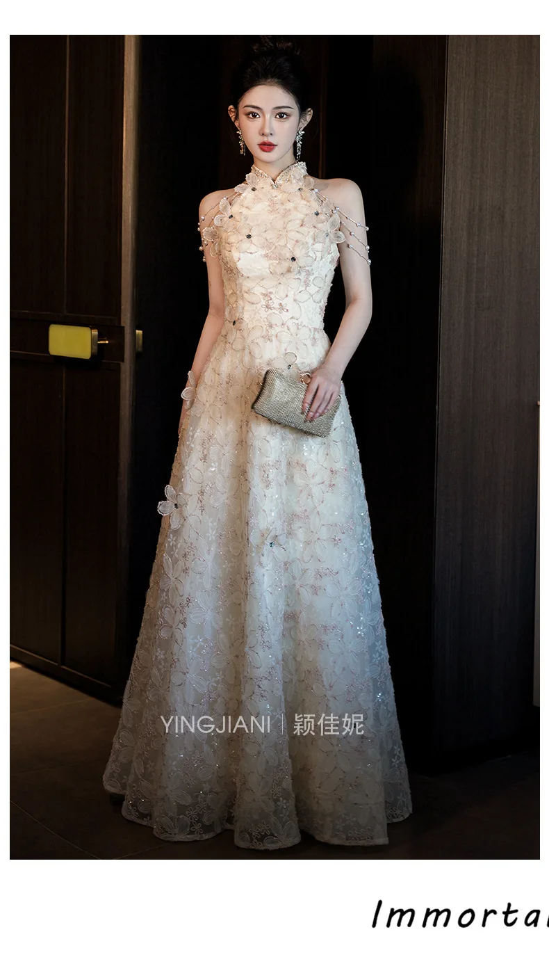 الشمبانيا فستان الخطوبة موضة الرقبة معلقة شيونغسام فساتين الصينية التقليدية الزفاف خمر أنيقة تشيباو ثوب نحيف