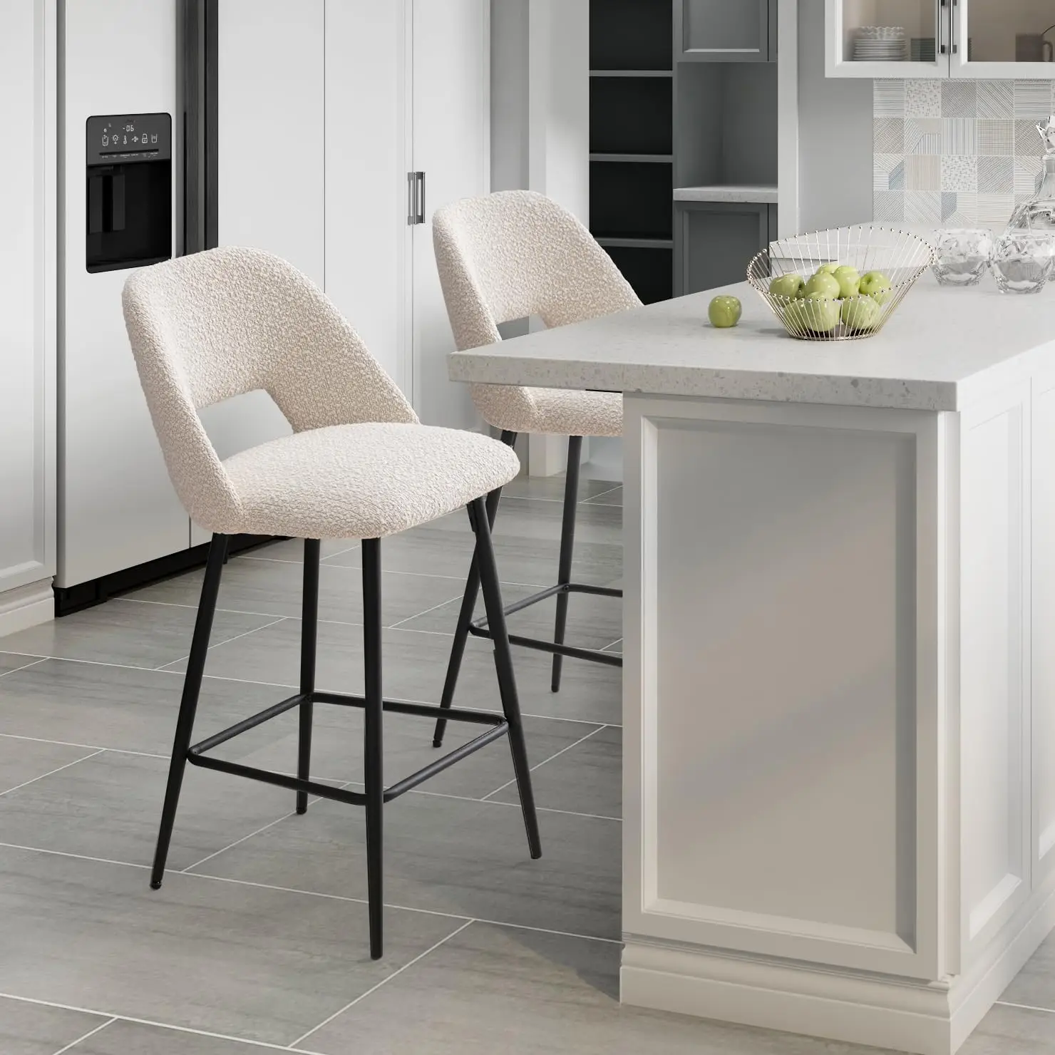 27’’ Boucle Bar Stools Set of 2, Upholstered Counter Height Stools with Open Back, Modern Barstools for Kitchen Island