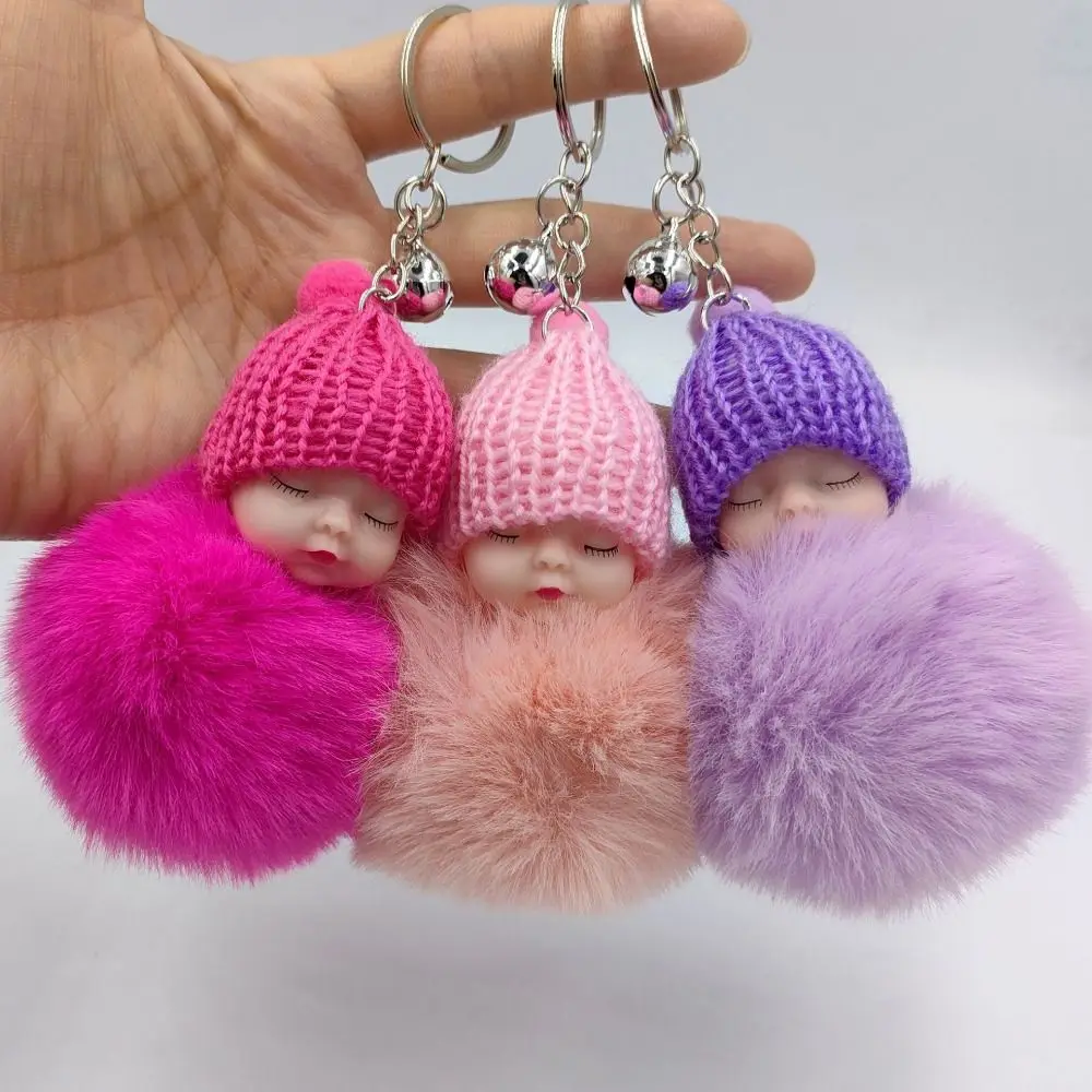 New Sleeping Baby Key Ring Women Fluffy Plush Keychain Faux Rabbit Fur Keyrings Pompom Key Buckle Cute Doll Keychain Bag Pendant