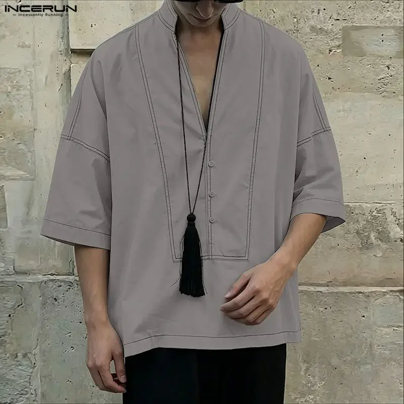 

INCERUN Men Shirt Solid Color Summer V Neck Short Sleeve Summer Tops Streetwear 2026 Loose Fashion Casual Shirts For Man Camisa