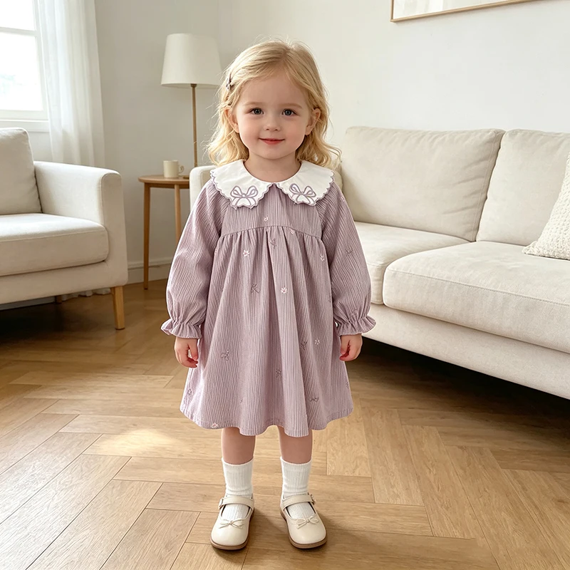 2026 Baby-Mädchen Cordkleid Süße Stickerei Schleife Peter-Pan-Kragen Langarm Prinzessinnenkleid Frühling Winter Lässiges Partykleid – Detail 15