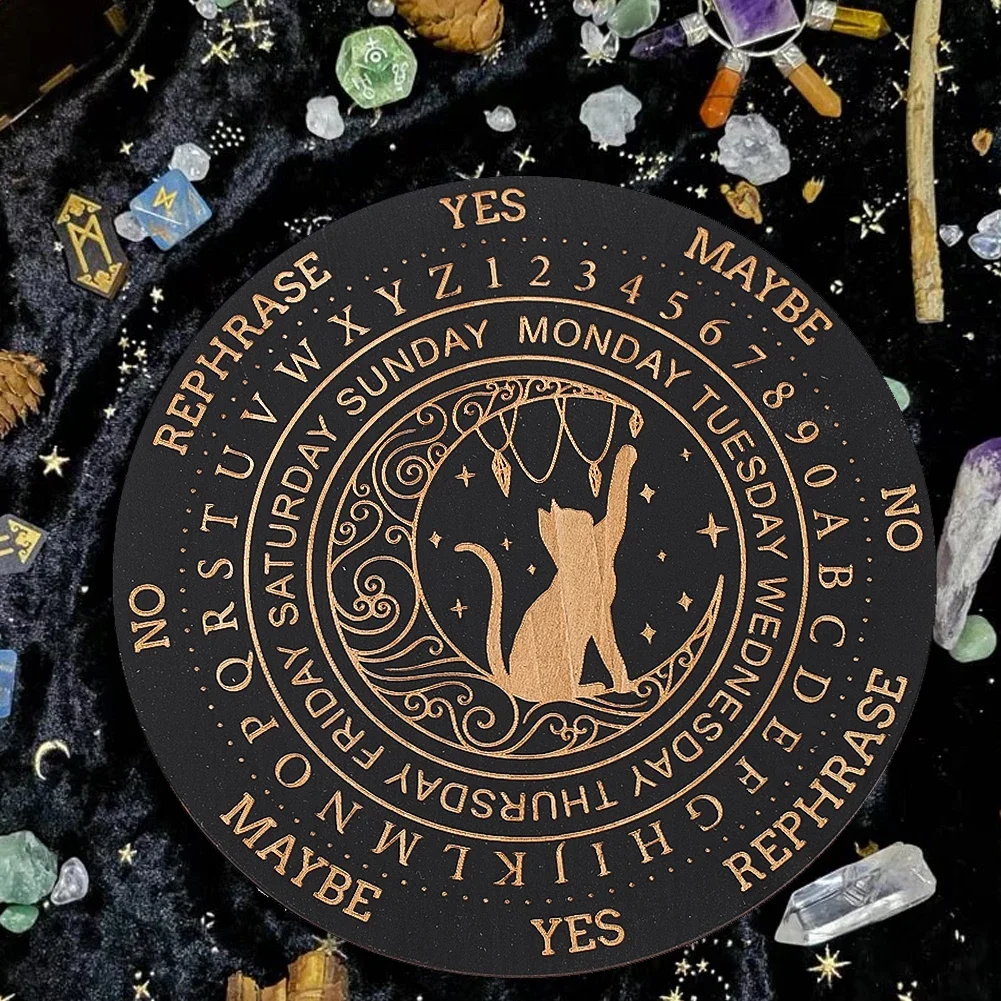 Mystic Moon Spirit Cat Pendulum Board Black Round Magics Meditation Decision Plate Metaphysical Healing Witch Beginners giftware