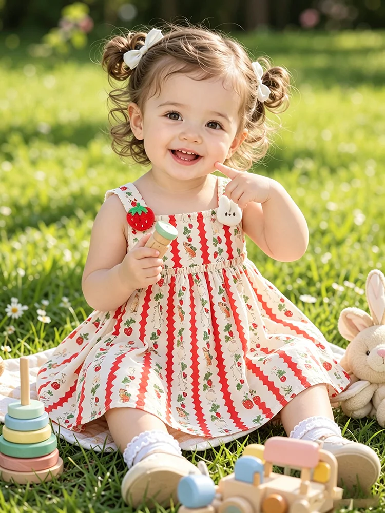 Fashion Baby Girl Summer Dress Cute Rabbit Strawberry Suspender Dresses Children Cartoon Clothes 0-3 Y Kid Wear Toddler Costumn