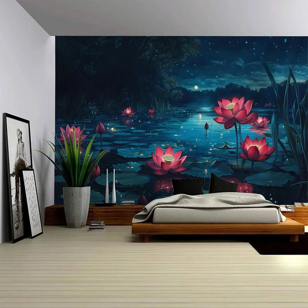 Bohemian lotus wall hanging tapestry, colorful landscape, floral tapestry, room decoration, yoga mat, background cloth