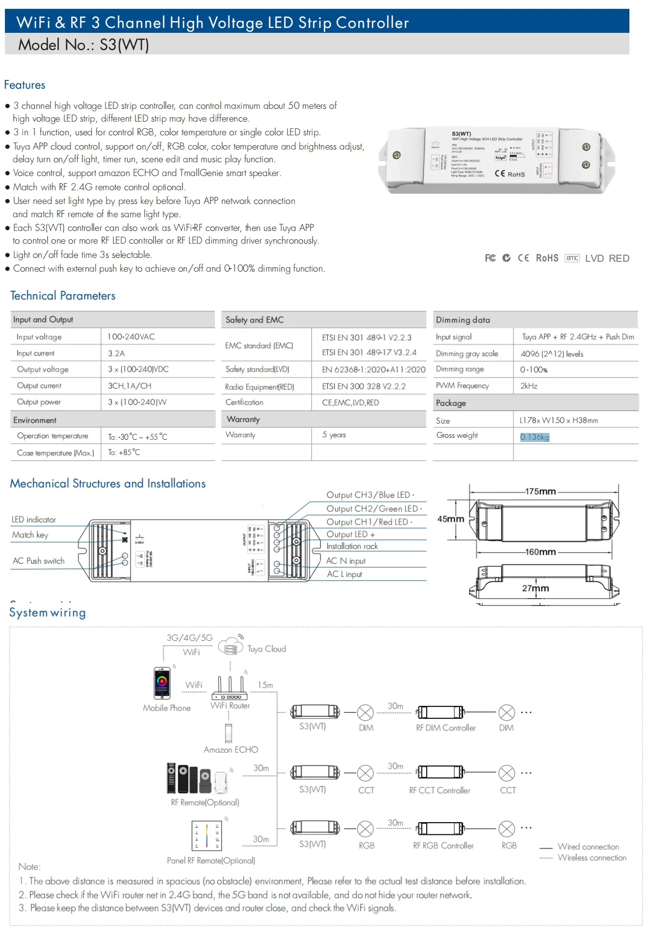 AC100-240V 3CH*1A WiFi & RF High Voltage Controller Skydance RF2.4G S3(WT) RGB LED Strip Controller Tuya APP Cloud/Voice Control