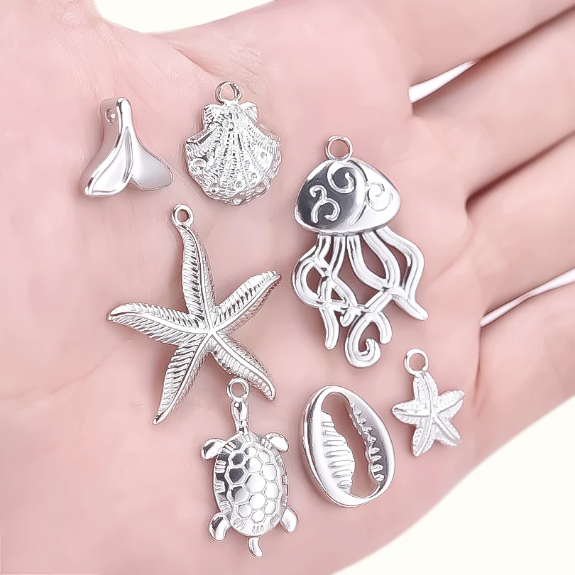 Starfish Conch Fish Tail Silver Color Stainless Steel Charms For Jewelry Making Supplies Ocean Animal Pendant 6pcs/Lot Breloque