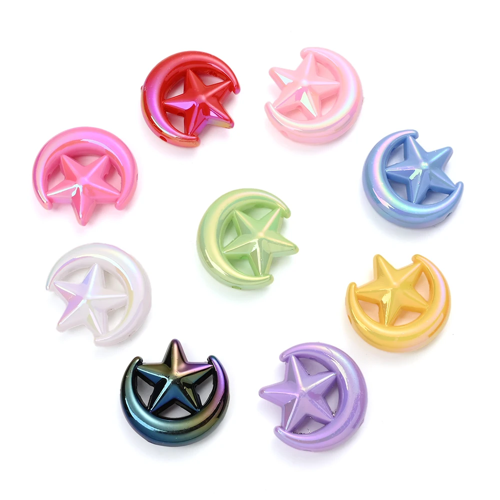 10Pcs Acrylic Moon Star Beads Creative Spacer Beads Ab Color Colourful Ornaments for Diy Pens Hairpin Handmade Keychain Charms