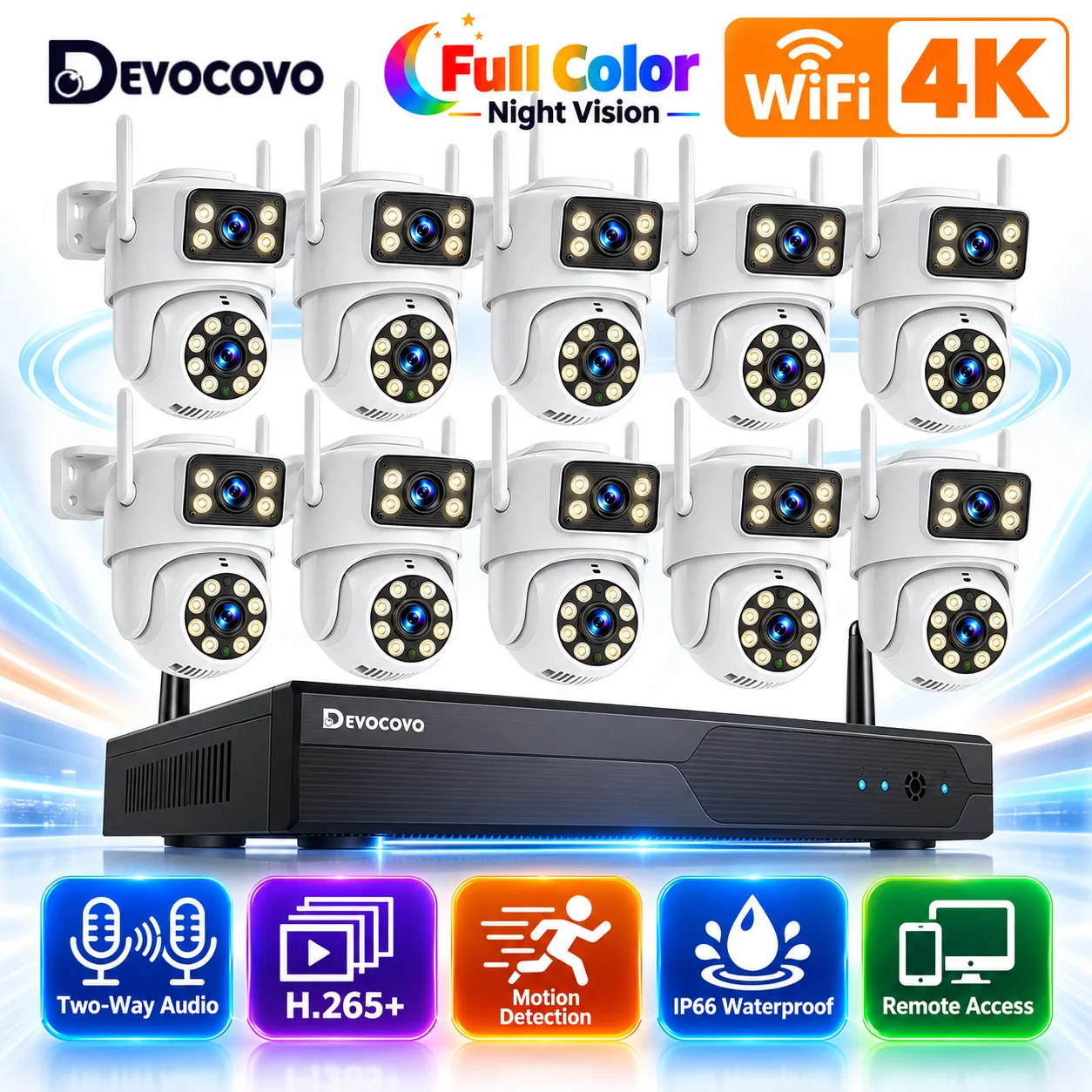 10CH Wireless NVR System Outdoor 4K Dual Lens PTZ Wifi Camera Auto Tracking Home CCTV Security Surveillance Kit 8CH 2 Way Audio