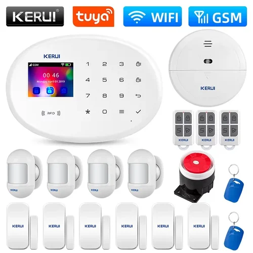 KERUI protección de seguridad para el hogar WIFI GSM sistema de alarma Kit W202 Tuya soporte inteligente Alexa con Sensor de apertura de puerta Detector de movimiento