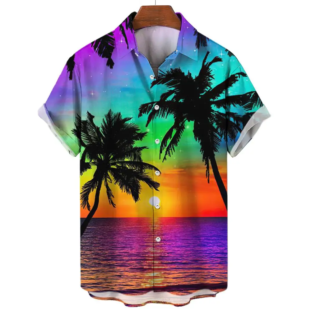 Summer Hawaiian shirt beach men\'s shirt coconut tree print blouse oversized men\'s clothing unisex casual short sleeved shirts XL