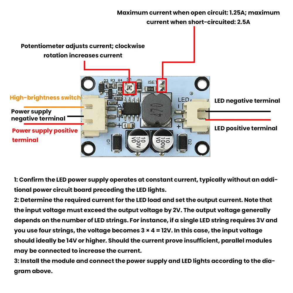 DC 5-85V LED Driver Module 2.5A Adjustable Constant Current PWM Dimmer for Automotive Solar Lighting view 5