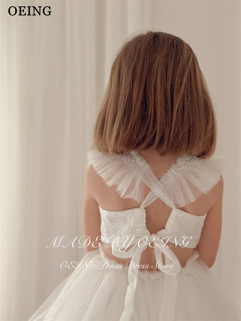 OEING Simple Ivory A-Line Flower Girl Dresses Princess Lace Ruffle Puffy Wedding Party Dress Girl Birthday Dress Customized