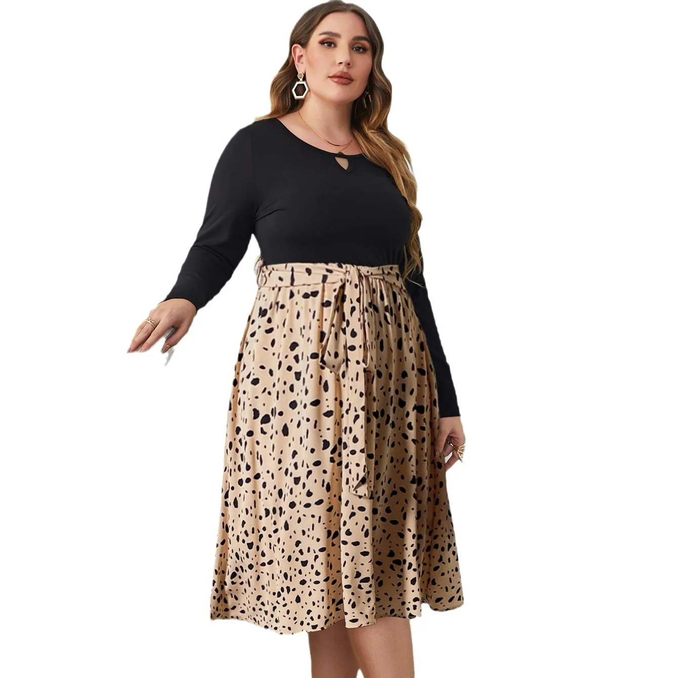 Vestido de talla grande a media pantorrilla para mujer, ropa de gran tamaño de leopardo negro para mujer, vestido de manga larga para primavera Otoño Invierno