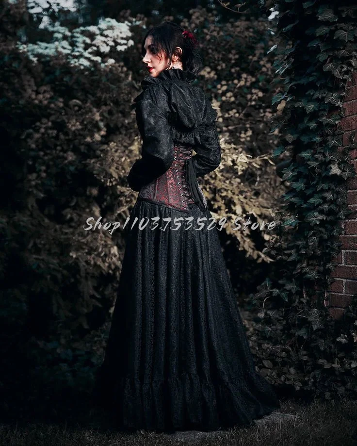 Medieval Black Red Victorian Wedding Dress Classic Laced Corset Button Long Sleeve Puffy Ruffled Role Play Masquerade Gowns