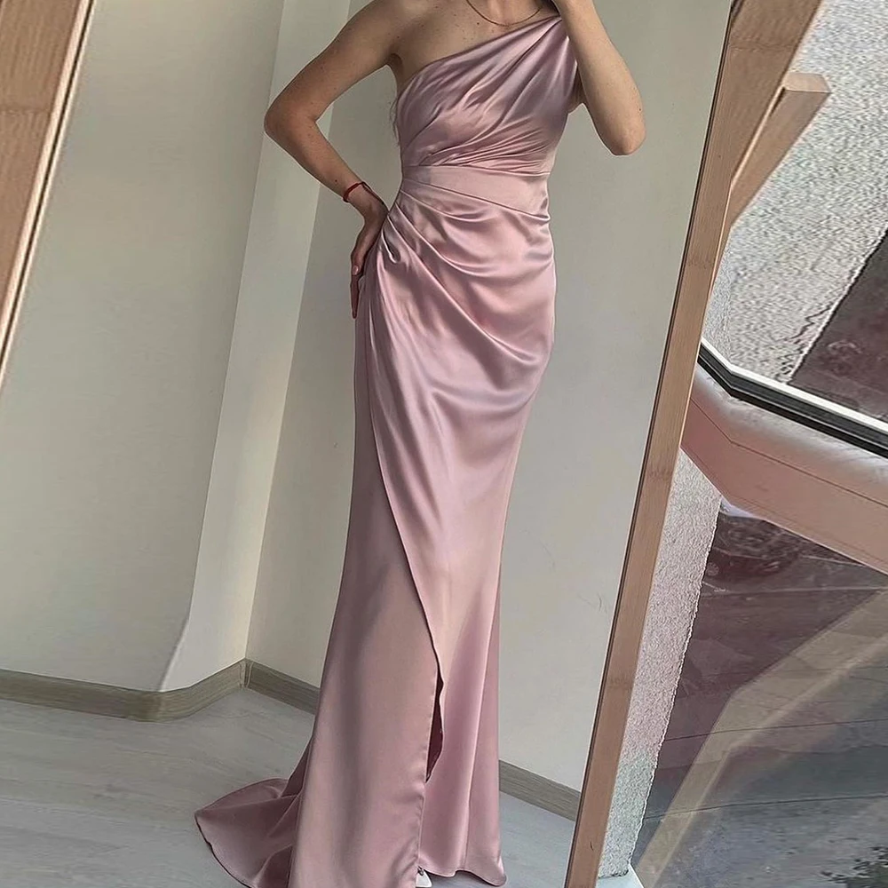 

Formal Straight Pink Evening Dress Elegant One Shoulder Satin Sleeveless Pleats Sweep Train Saudi Arabia Prom Gowns Women