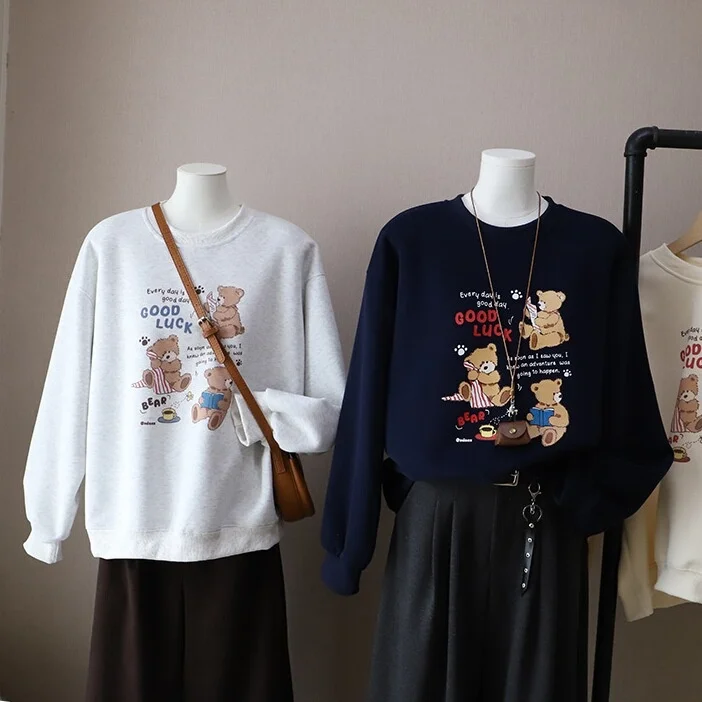 فضفاض جولة Ne Sweatirt المرأة الدب طباعة عادية تنوعا الخريف جديد Sle كسول مكافحة الشيخوخة أعلى Quali قسط Faion