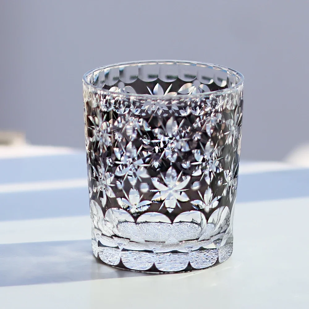 Handmade Japanese Edo Kiriko 250ml Tumbler - Black Floral Cut Crystal Cup for Sake & Whisky