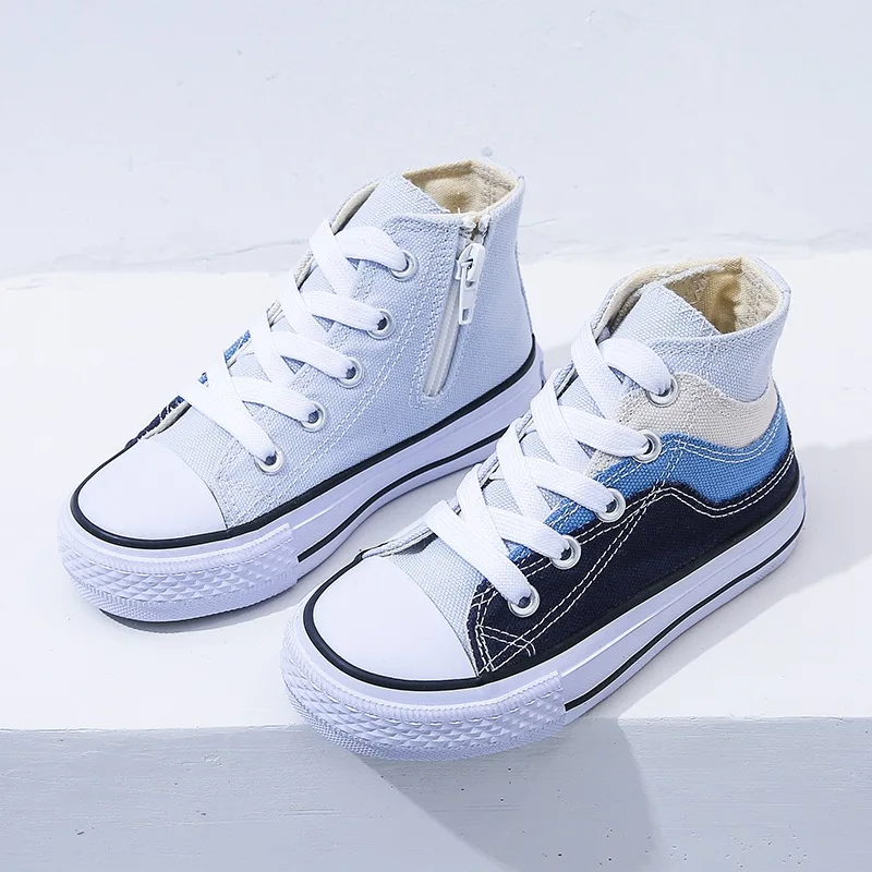 Children Canvas Shoes Boy\'s Fashion Match-color High Top Casual Shoes Girl\'s Lace Soft Sole Wearable Student Canvas Shoes