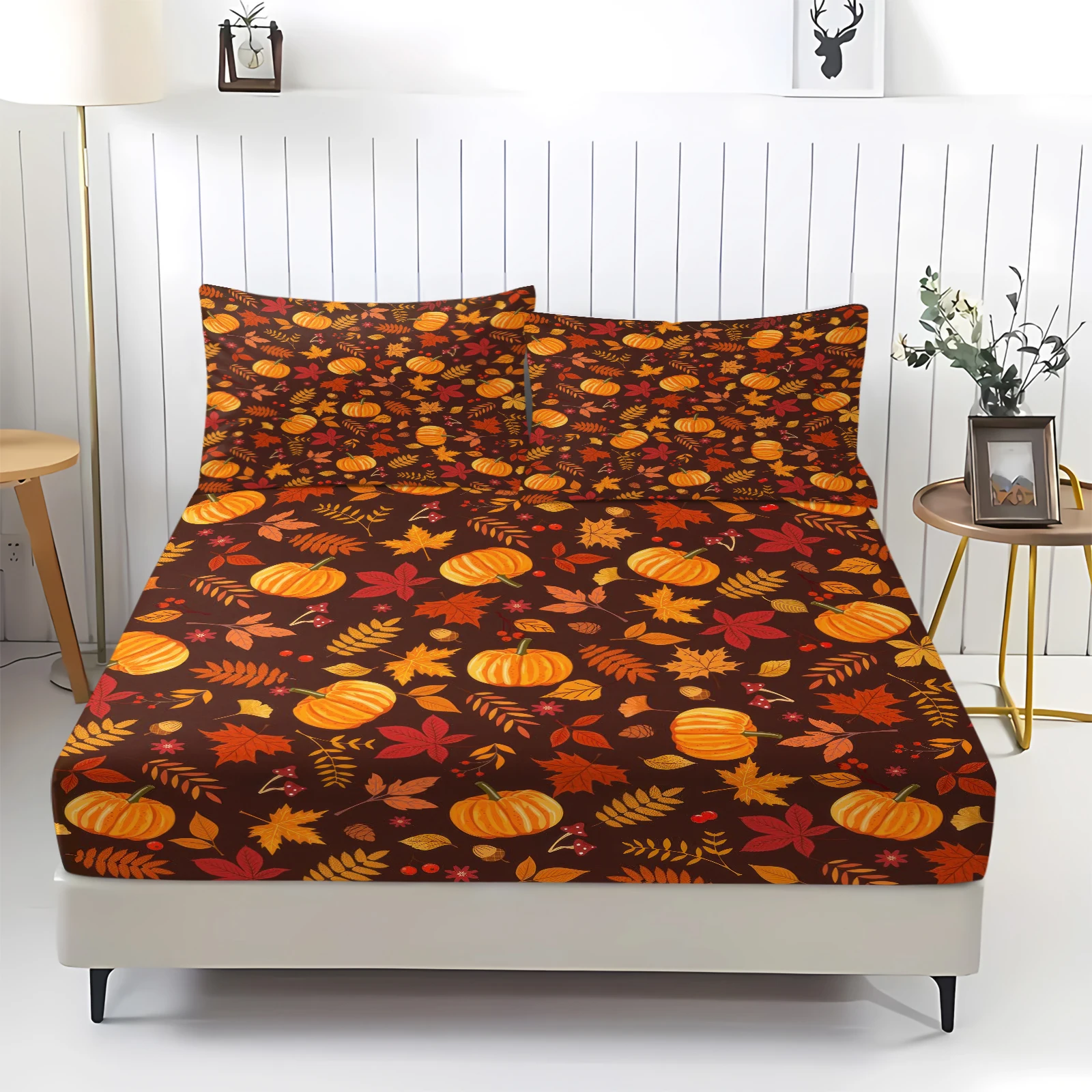 Dark Brown Background Fall Pumpkin Berry Maple Leaf Fitted Sheet Set Harvest Themed Bedding Mattress Protector For Bedroom Dorm
