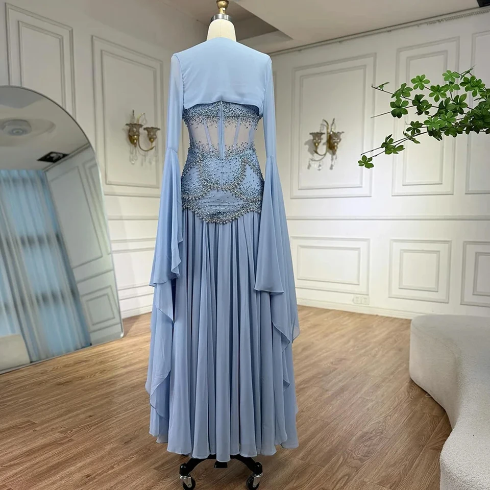 맞춤형 럭셔리 진주 태슬 블루 이브닝 드레스 플로잉 코트 케이프 크리스탈 정교한 2025 비치 파티 가운 이브닝 드레스