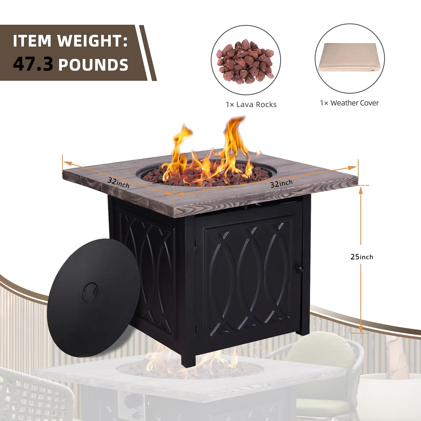 Faux Woodgrain Tabletop and Steel Base Propane Outdoor Fire Pit Table with Lid – Stylish and Durable for Patios and Backyards