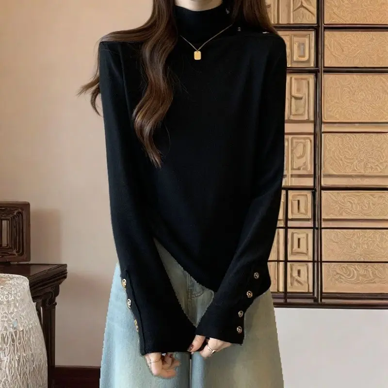 Korean Button Patchwork Solid Plus Size T Shirts Autumn Winter Long Sleeve Simplicity Trend Tops Fashion Casual Women Clothing