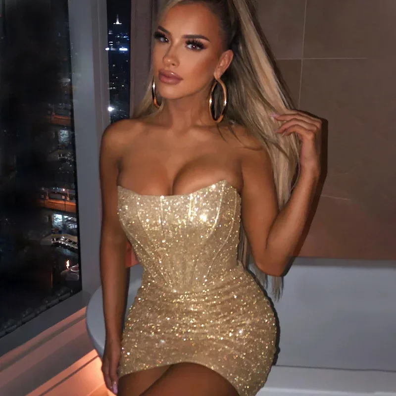 2025 zomer elegante ruches kerst corset mini-jurk sexy bodycon glitter strapless vestidos nachtclub party vrouw jurk