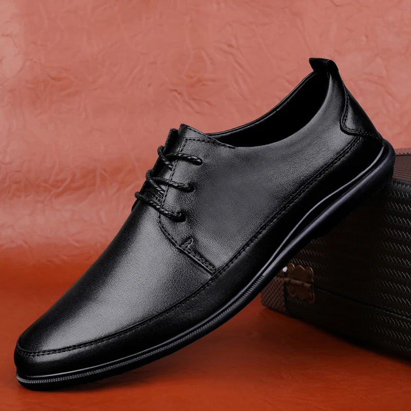 

Men Derby Shoes Flat Bottomed Gentlemen Casual Shoes Lace Up PU Business Dress Shoes