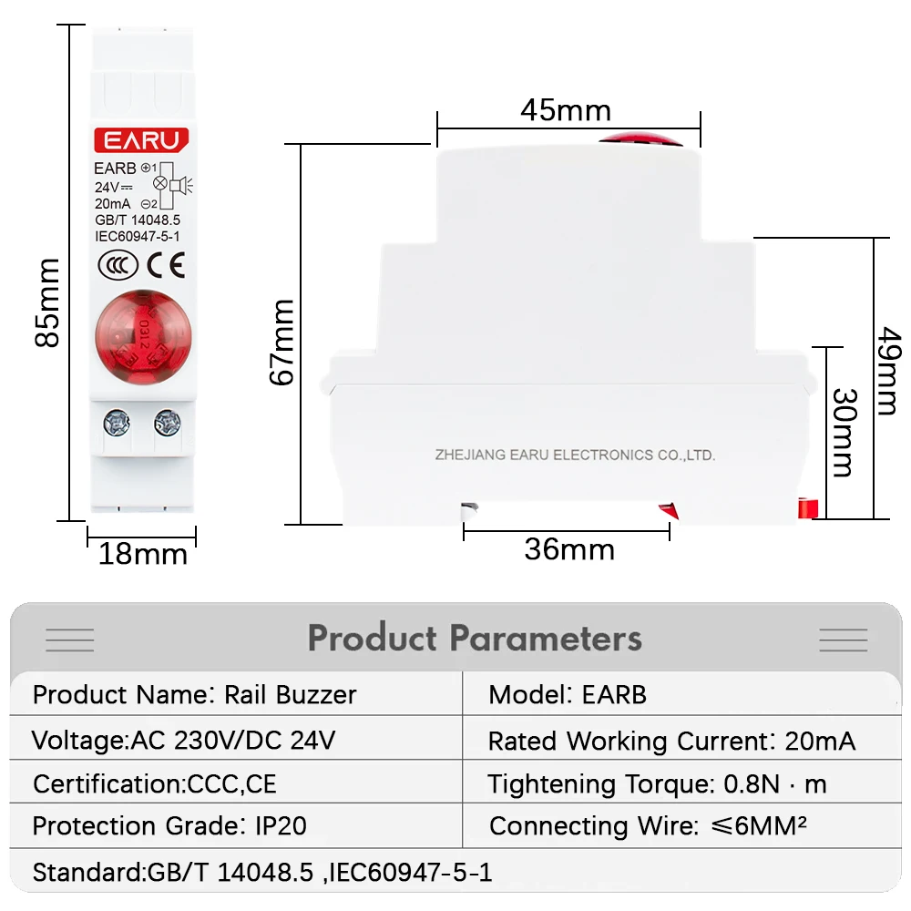 18mm DIN Rail LED Signal Lamp with Buzzer. Flash Alarm Indicator Light AC 220V DC 24V Audible Visual Pilot Light Red