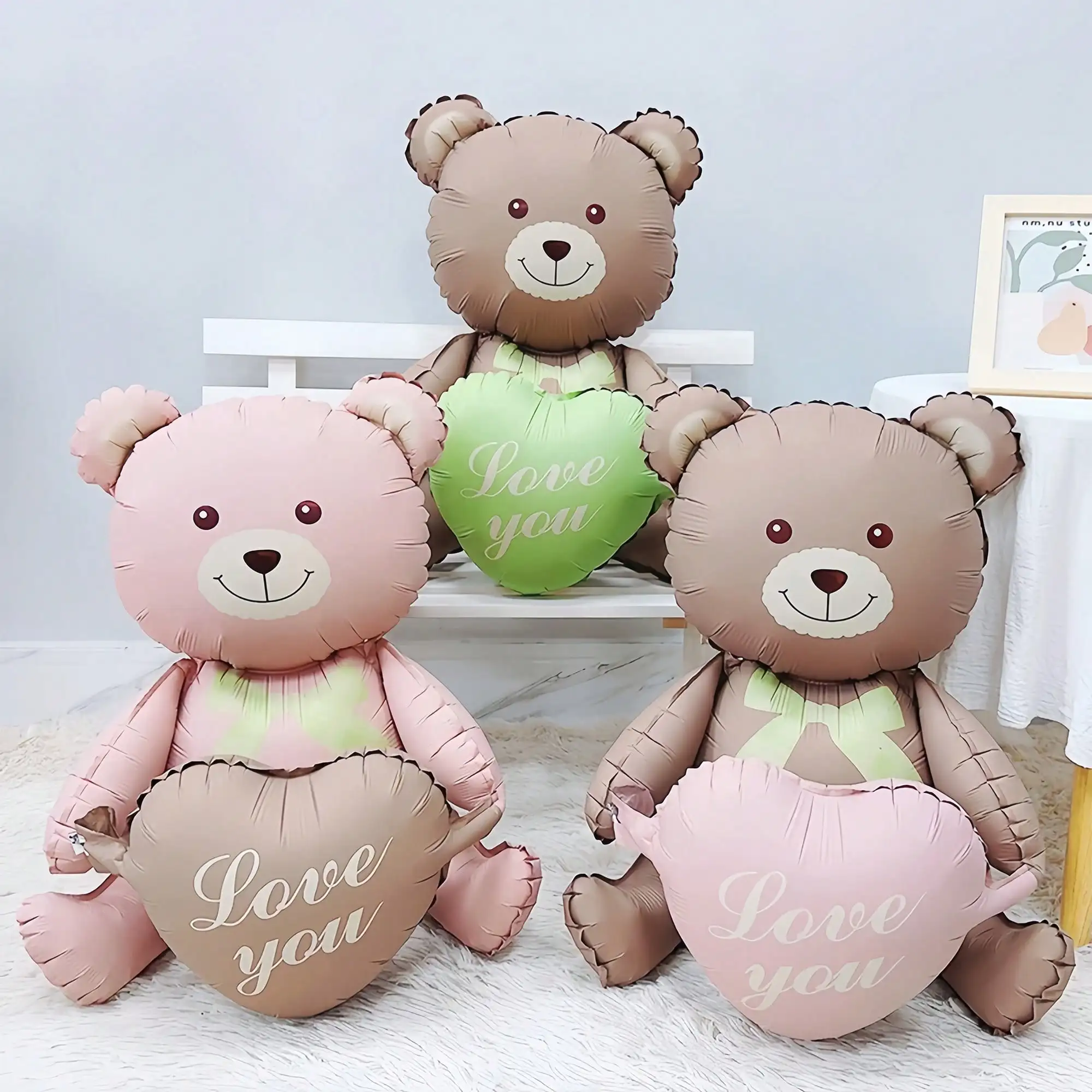 3 szt./1 szt. Balon z folii aluminiowej 3D w kształcie kokardki, matowego serca i misia, odpowiedni do dekoracji na przyjęcie urodzinowe, Walentynki, baby shower.