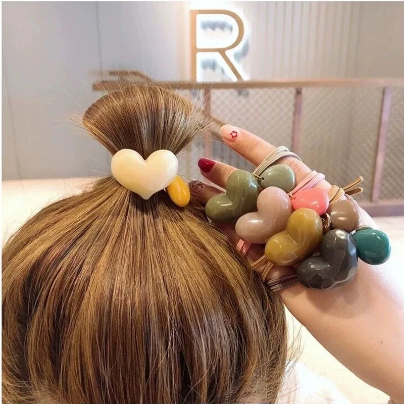 Elegant Solid Color Heart Hair Ties High Elastic Durable Ponytail Holder Hair Ropes Bands Women Girls Daily Hair Loop Headwear