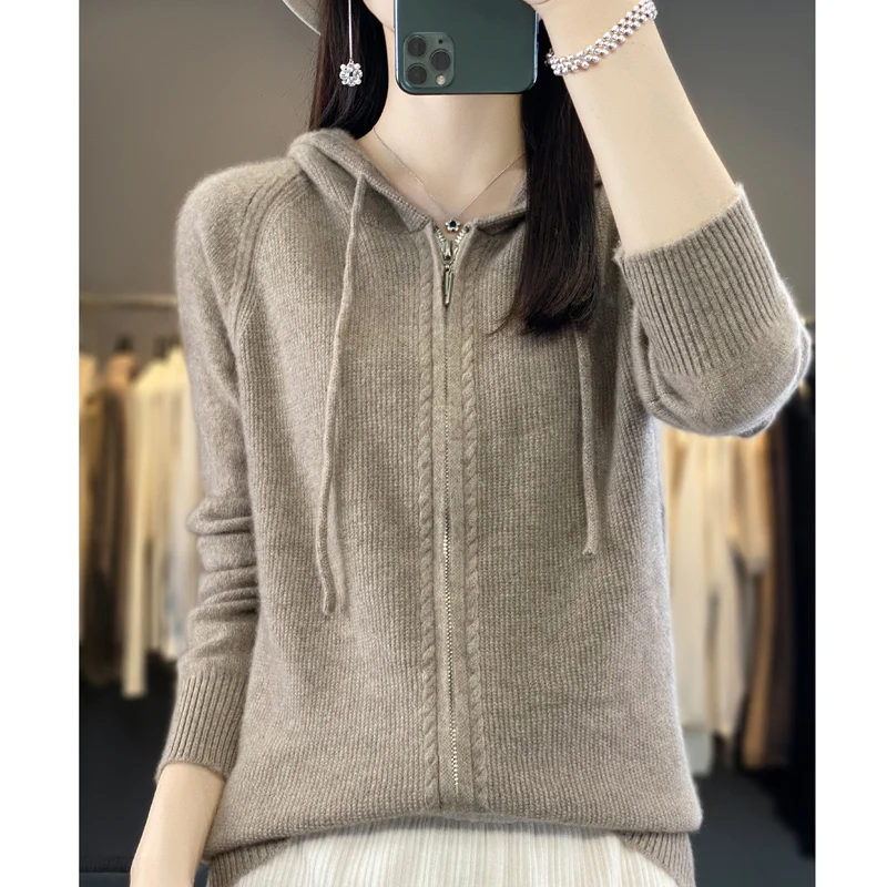 100% lana cerniera maglione con cappuccio autunno donna inverno nuovo stile a maniche lunghe allentato moda Casual tinta unita Pullover maglia Top