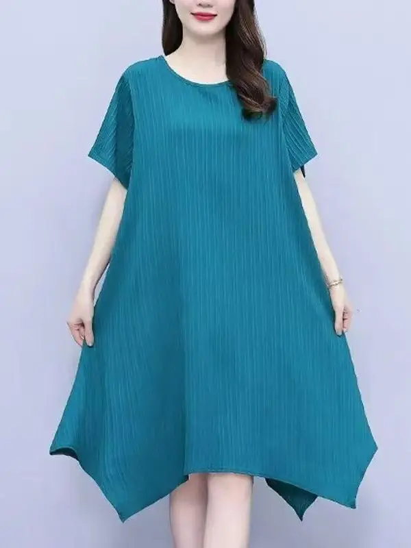 

Summer plus Size Loose Slimming Color Belly Cover Midi Length Dress Irregular Hem High Waist A-Line Skirt Casual Wear