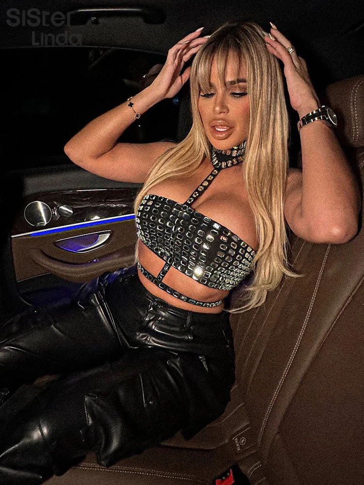 Sisterlinda paillettes strass licou Sexy débardeurs femmes sans manches Patchwork pansement mince Chic Camis dame fête Clubwear gilet