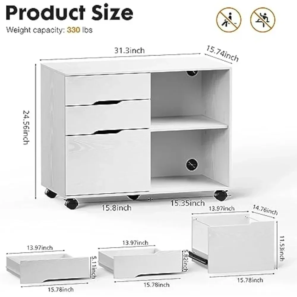 3-Drawer File Cabinet, Lateral Mobile Filing Cabinet Wood Under Desk Storage Organizer with Wheels, Printer Stand & Open Shelves