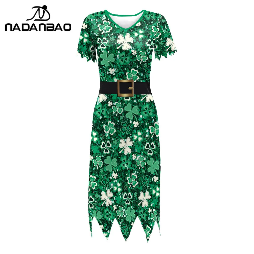 Nadanbao 3D シャムロックプリント グリーンドレス レディース 聖パトリックデー パーティードレス 夏 Vネック イレギュラードレス カジュアル衣装