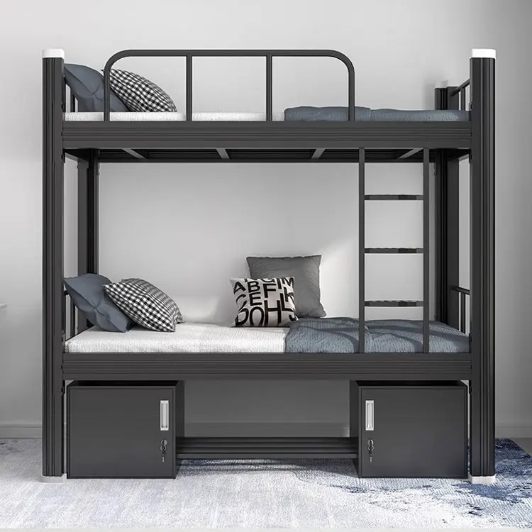 

Heavy Duty Steel Bunk Bed With Storage Drawers Double Layer Design Knock Down Reinforced Metal Frame For Hostel School Dormitory