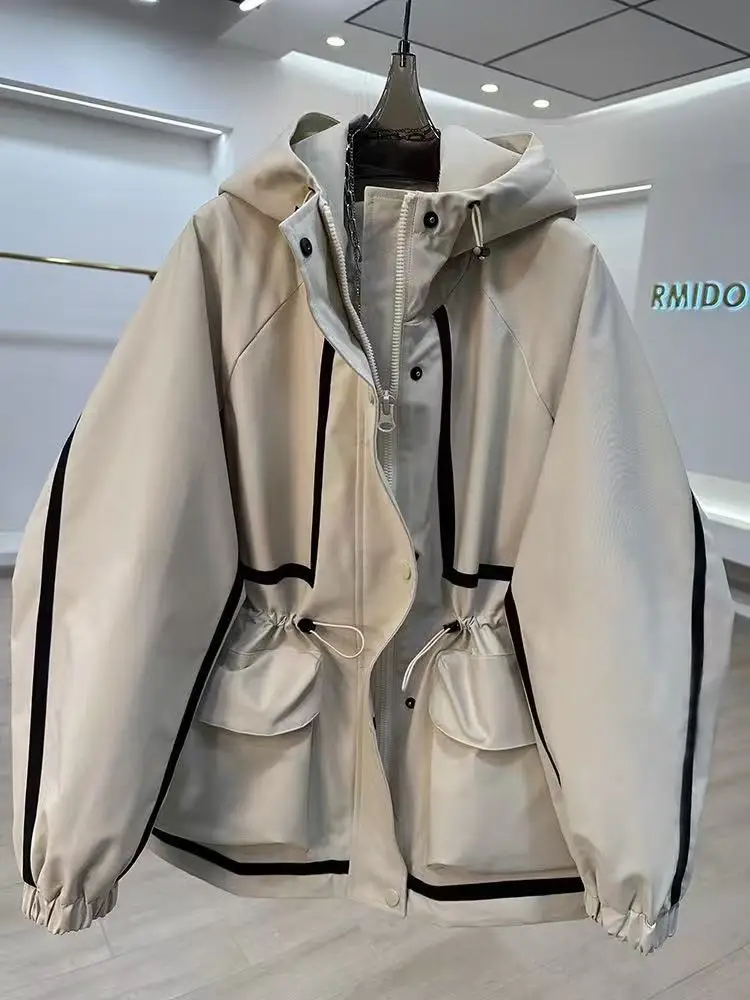 European Style Hooded Ribbon Stitching Contrast Jacket Women's Slim Fit Casual Fashion Coat Outdoor Short Trench Overcoat Female